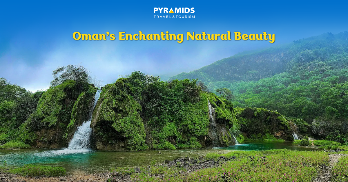 Waterfalls-greenery-and-verdant-mountains-in-the-background-in-Oman