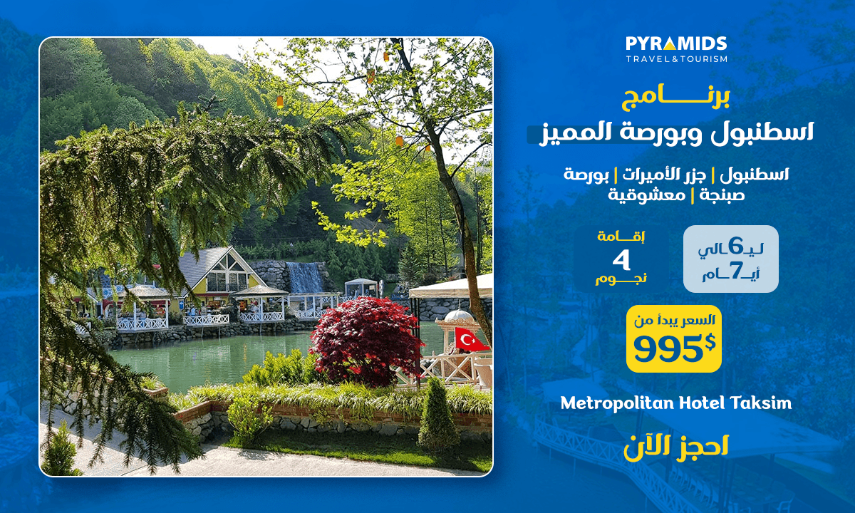 جولة إسطنبول وبورصة لمدة 7 أيام و 6 ليالٍ تتضمن إقامة 4 نجوم في فندق متروبوليتان تقسيم، وزيارات إلى جزر الأميرات، وسابانجا، ومعشوكية، وبورصة، ابتداءً من 995 دولارًا، مع صورة طبيعية خلابة لقرية على ضفاف النهر وشلالات.