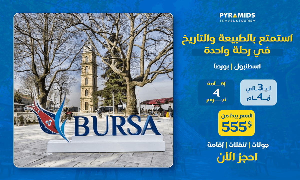 a 4-day, 3-night Istanbul & Bursa tour featuring a 4-star hotel stay, tours, transfers, and accommodation starting from $555, with an image of Bursa city center and its iconic clock tower.