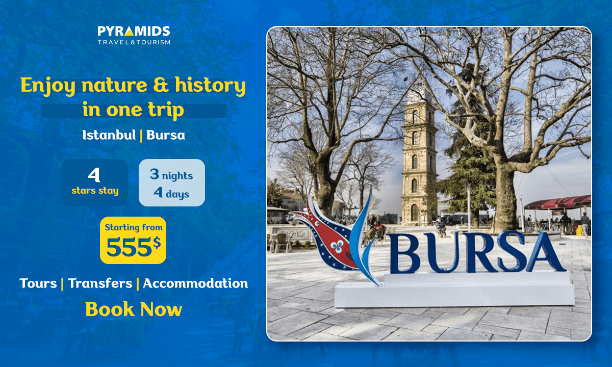 banner for a 4-day, 3-night Istanbul & Bursa tour featuring a 4-star hotel stay, tours, transfers, and accommodation starting from $555, with an image of Bursa city center and its iconic clock tower.