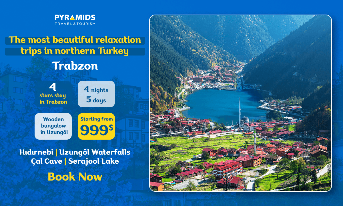 Travel offer for a 5-day, 4-night trip to Trabzon and Uzungöl featuring a 4-star hotel stay, wooden bungalow, private tours, and scenic lake view in northern Turkey starting from $999.