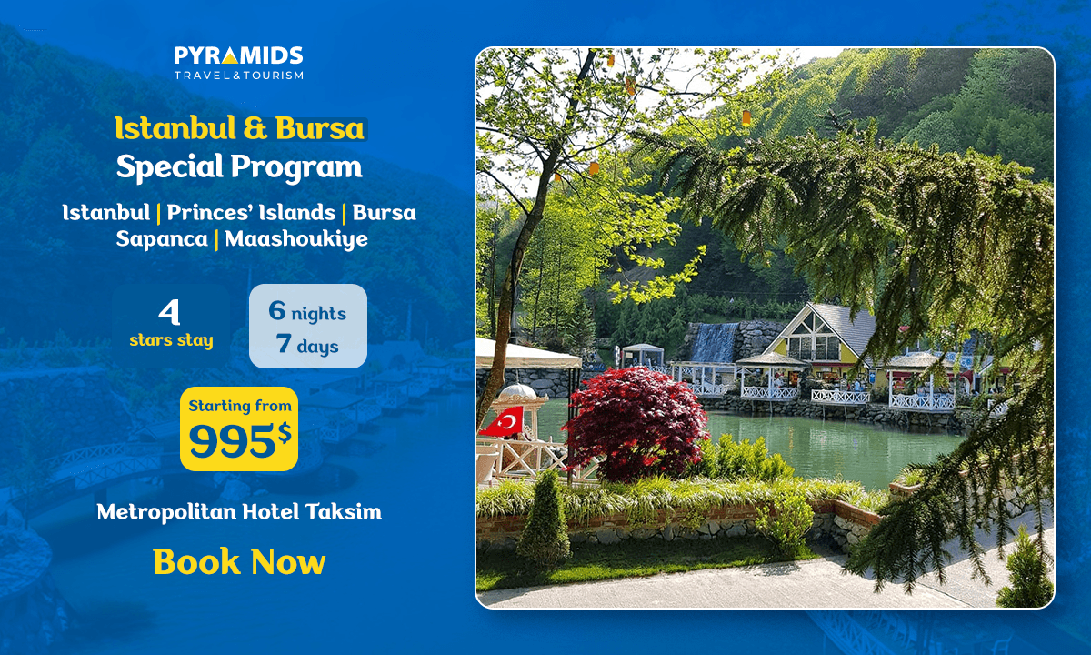 Istanbul & Bursa 7-day, 6-night tour featuring a 4-star stay at Metropolitan Hotel Taksim, visits to Princes’ Islands, Sapanca, Maashoukiye, and Bursa, starting from $995, with a scenic nature image of a riverside village and waterfalls.