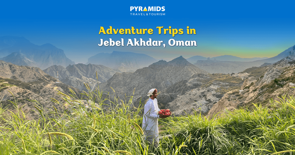A panoramic image of the Green Mountain in the Sultanate of Oman shows rugged mountainous terrain and terraced villages. In the foreground, an Omani man in traditional dress stands amidst dense green grass holding a basket full of pomegranates, with the Arabic text "Adventure Trips in the Green Mountain of Oman" and the logo of "Pyramids Travel & Tourism".