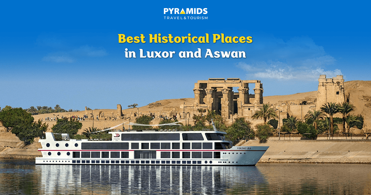 A tourist boat on the Nile River in Aswan, in front of an ancient temple and desert scenery, representing the most prominent historical sites in Luxor and Aswan.