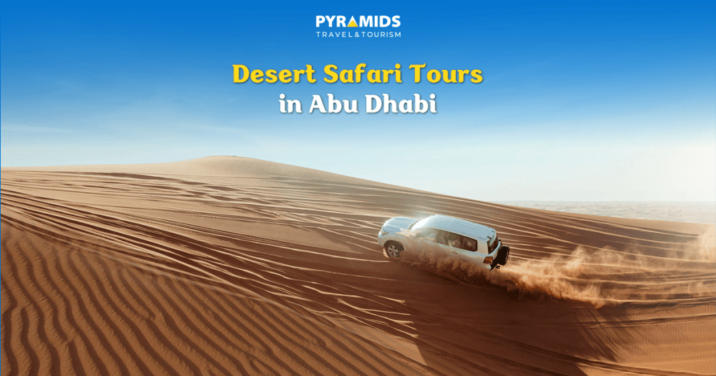 A four-wheel drive vehicle driving over the sand dunes in the Abu Dhabi desert, representing the adventurous and exciting experience of a desert safari.