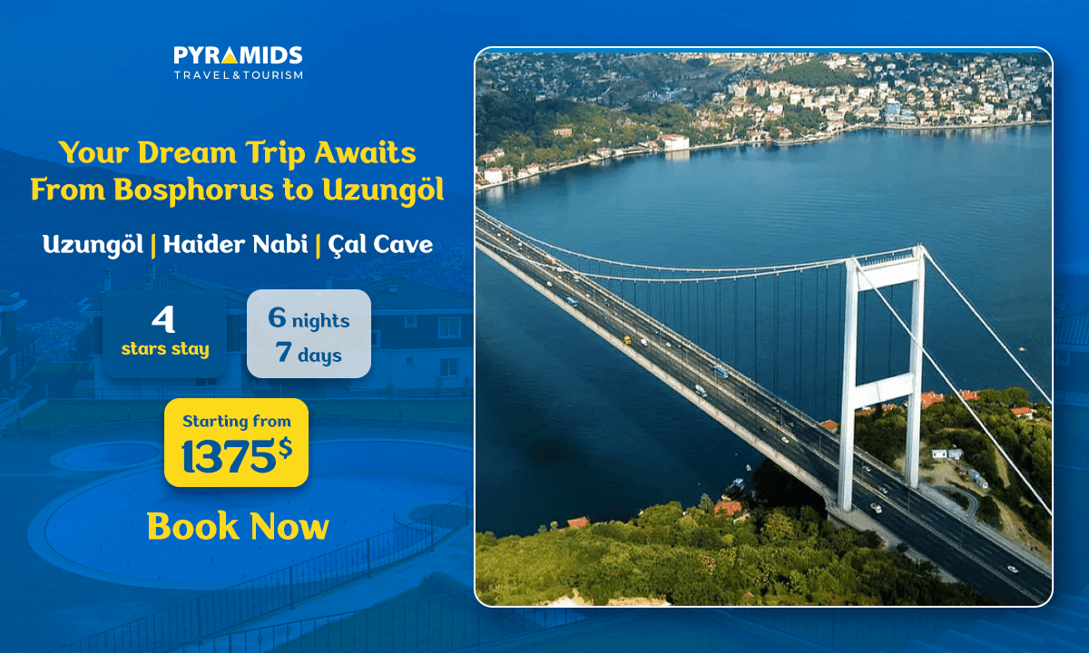 Aerial view of Bosphorus Bridge connecting Europe and Asia over the Bosphorus in Istanbul, promoting a 7-day travel package to Trabzon including Uzungöl, Hıdırnebi Plateau, and Çal Cave.