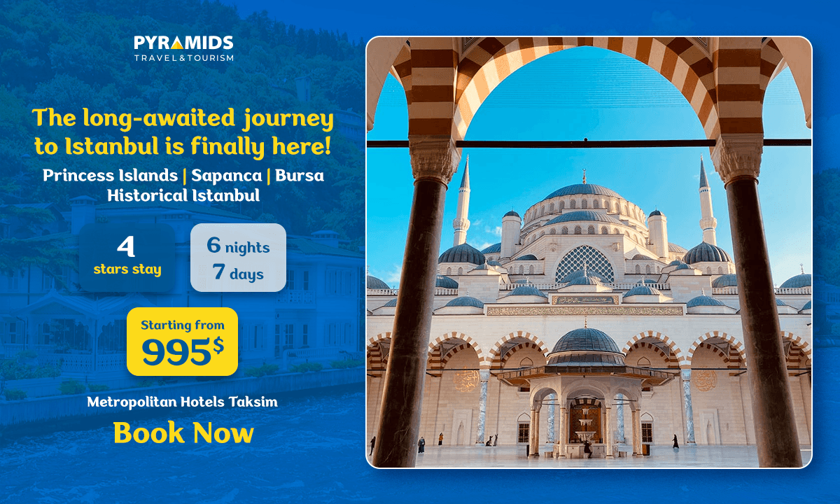 Grand mosque courtyard in Istanbul with domes and minarets framed by arches, promoting a 7-day travel package including Princes' Islands, Sapanca Lake, Uludağ Mountain, and historical Istanbul tours.