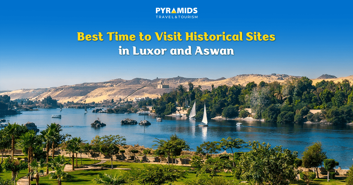 A landscape view of the Nile River in Aswan with sailboats, green islands and a desert backdrop, expressing the best time to visit the historical sites in Luxor and Aswan.